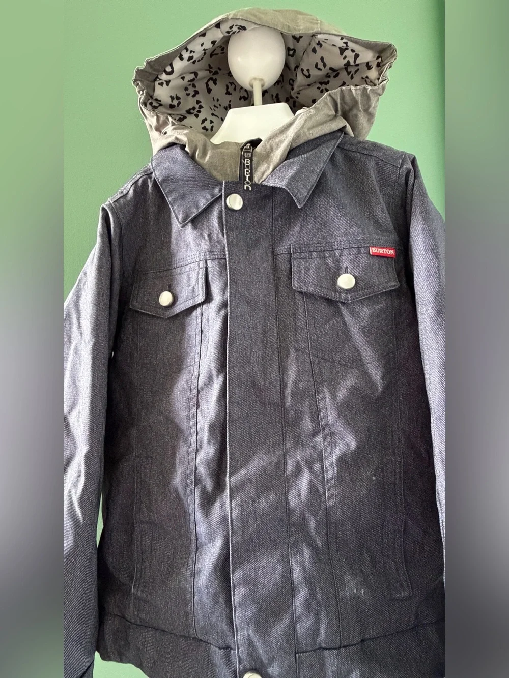 Burton Kids Dark Blue Jean-Style Snowboard Jacket with Leopard Hood Lining